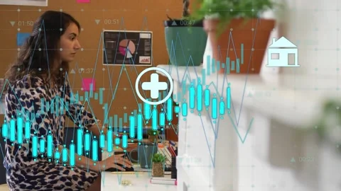 Woman typing at desk, causing animated pie chart icons overlaying workspace for Stock Footage 332614234