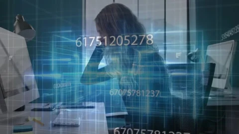 Woman typing on desk computer and activating data interface while analyzing Stock Footage 320213423