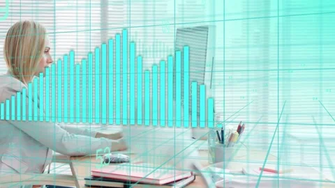 Woman typing at keyboard, causing cyan 3D grid and bar waveform expanding across Stock Footage 333078391