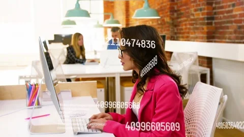 Woman typing on keys and moving mouse, launching animated data stream around Stock Footage 335282902