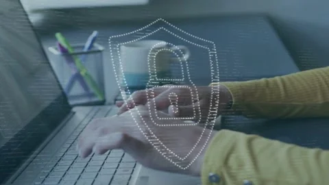 Woman typing keys, causing dot lock shield over hands, lifting mug, using phone Stock Footage 335761973