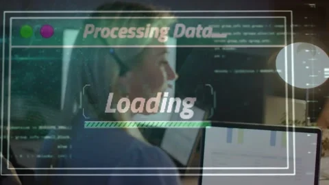 Woman typing on laptop activating processing overlay, loading bar filling, Stock Footage 333965673