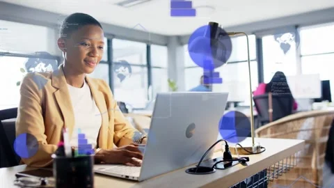Woman typing on laptop and causing blue charts rising over laptop and lamp, Stock Footage 335465967