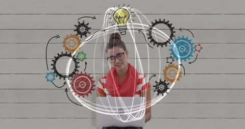 Woman typing laptop animating scribbles and gears illuminating yellow bulb Video stock 310216571