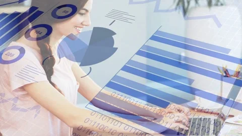 Woman typing on laptop, causing animated bar charts and binary evolving across Stock Footage 335761839