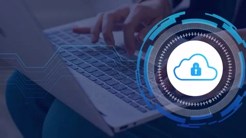 Woman typing on laptop, causing circular HUD with cloud padlock appearing and Stock Footage 335316573