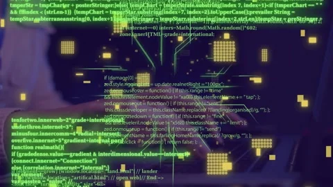 Woman typing at laptop, causing green code and circuit nodes expanding over Video stock 335466176