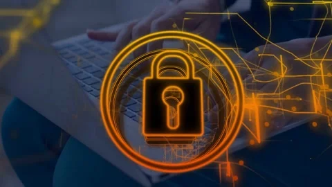 Woman typing on laptop, causing orange lock growing rings, network traces Stock Footage 335731908