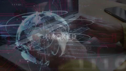 Woman typing laptop, causing rotating globe with HACKED security overlays Stock Footage 333704908