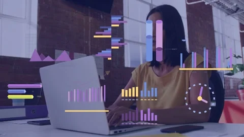 Woman typing on laptop, causing tech overlays, bars rising, line chart adding Stock Footage 334729361