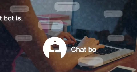 Woman typing on laptop causing UI overlays, robot replacing avatar explaining Stock Footage 331165783