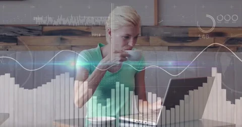 Woman typing on laptop checking analytics and sipping coffee while animated data Video stock 330248745
