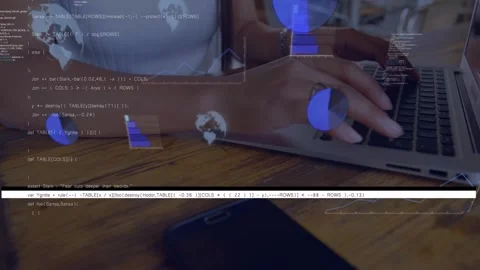 Woman typing on laptop, code and charts appearing over hands and phone for data Stock Footage 329506177