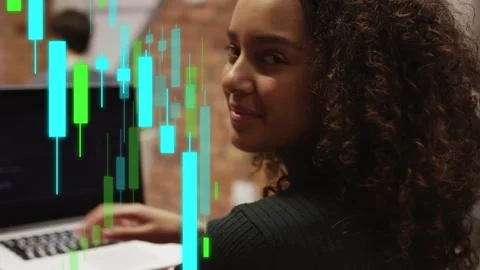 Woman typing on laptop, code causing candlestick charts rising, overlaying view Stock Footage 333277908