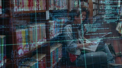 Woman typing on laptop with code overlay in library starting coding after peer Stock Footage 312297901