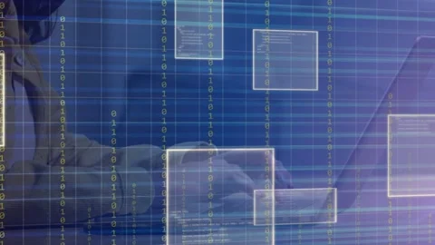 Woman typing on laptop coding, grid, bits, code windows peaking then fading as Stock-Footage 335739183