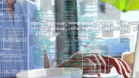 Woman typing on laptop, developing app while sparking code overlays, pulling Stock Footage 333105719