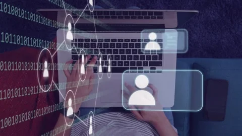 Woman typing on laptop making binary column, user icons growing, cards sliding, Stock Footage 334788770