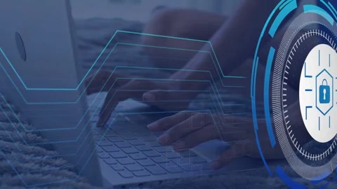 Woman typing on laptop securing access, bringing lock HUD and blue data lines Stock Footage 335235786
