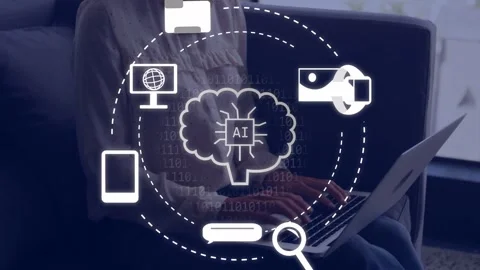 Woman typing on laptop on sofa, causing animated AI brain, binary orbiting icons Stock Footage 335235135