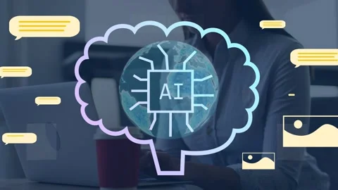 Woman typing on laptop starting globe with AI chip forming brain overlay, chat Stock Footage 334729068
