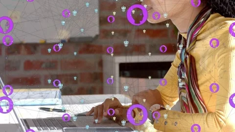 Woman typing on laptop for tech work pausing and leaning purple circles Stock Footage 334883769