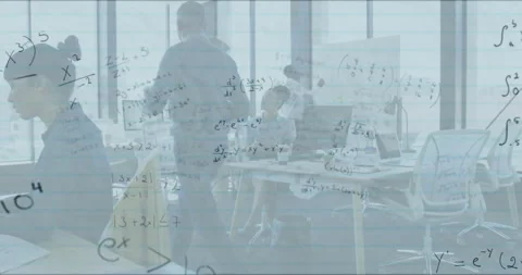 Woman typing math formulas floating in STEM while coworkers collaborating around Video stock 311216747