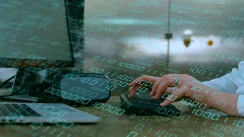 Woman typing, pressing numpad while switching keyboards, binary streaming for Stock Footage 333033847
