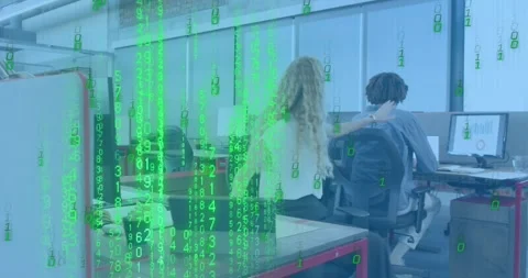 Woman typing tech space causing code flooding tablet while male coworker leaning Stock Footage 317258877