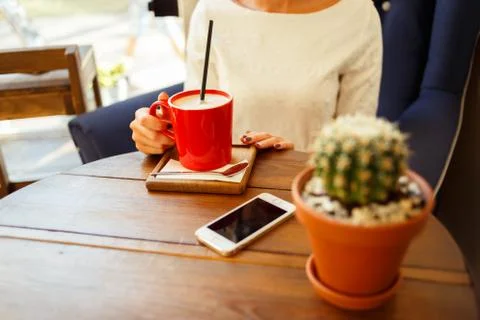 Woman typing text message on smart phone in a cafe Stock Photos