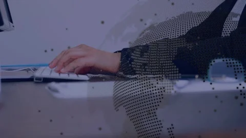 Woman typing on white keyboard, coding, initiating tech dotted globe overlay, Stock Footage 332469230