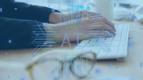 Woman typing on white keyboard, testing AI overlays, neon circuits pulsing code Stock Footage 335283114
