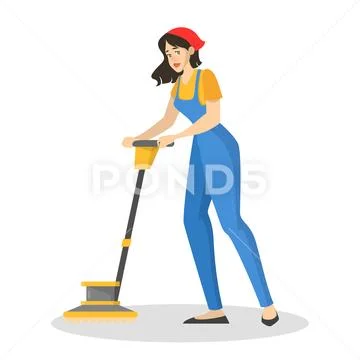 Woman in the uniform cleaning floor using vacuum cleaner Stock Illustration
