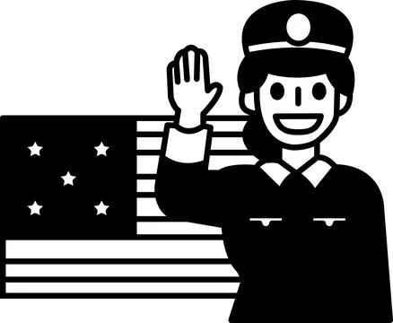 A woman in a uniform is waving at the camera in front of an American flag Stock Illustration