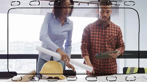 Woman unrolling plans while man tapping tablet and pointing at blueprint, Stock Footage 333192849