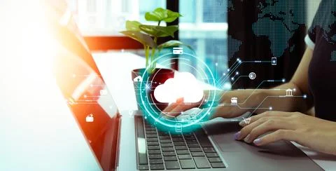 Woman use Laptop with cloud computing. Cloud technology. Data storage. Netw.. Stock Photos