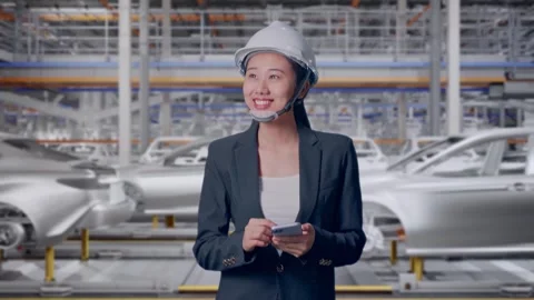 Woman Use Smartphone While Walking and Looking Around In Car Factory Stock Footage 331630963