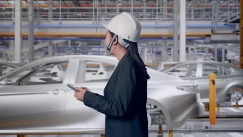 Woman Use Smartphone While Walking and Looking Around In Car Factory Stock Footage 331631409
