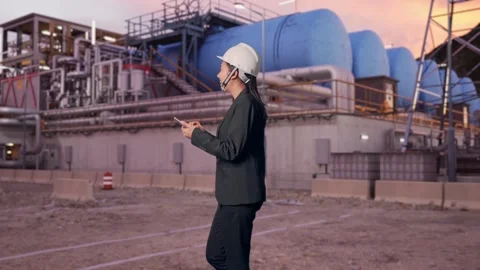 Woman Use Smartphone While Walking and Looking Around at Gas Plant Stock Footage 337759828