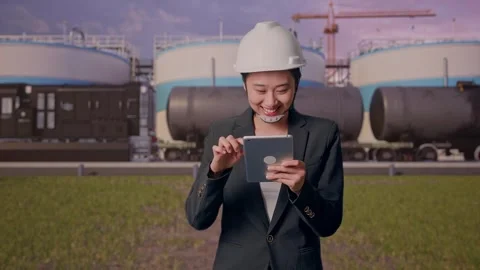 Woman Use Tablet While Walking at Oil Refinery Stock Footage 340138178