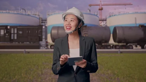 Woman Use Tablet While Walking and Looking Around at Oil Refinery Stock Footage 340138184