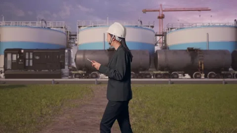 Woman Use Tablet While Walking and Looking Around at Oil Refinery Stock Footage 340138423