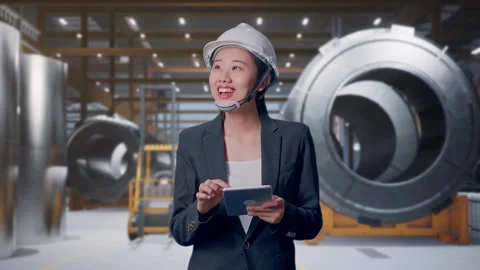 Woman Use Tablet While Walking and Looking Around at Heavy Factory Stock Footage 340814306