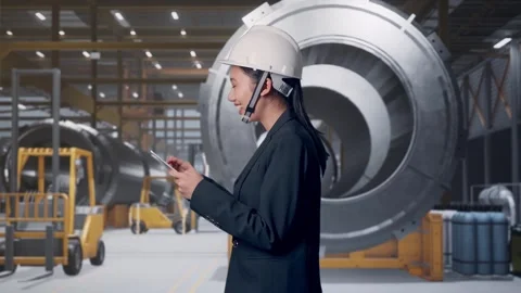 Woman Use Tablet While Walking and Looking Around at Heavy Factory Stock Footage 340814857