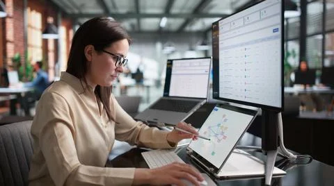 Woman Uses Advanced Software Tools To Analyze Criminal Network Data. Stock Photos