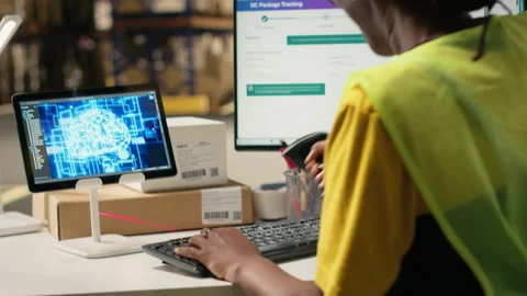 Woman uses AI-generated software for order processing automation Stock Footage 315539114