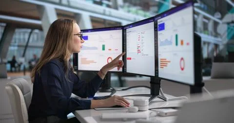 Woman Uses AML Software On Computer For Customer Risk Review. Stock Photos