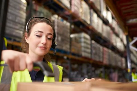 Woman uses barcode reader in a warehouse, head and shoulders Stock Photos