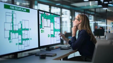 Woman Uses Computer Software To Plan Emergency Escape Routes At Work. Stock Photos