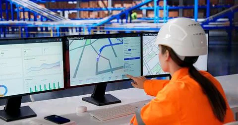Woman Uses Computer In Warehouse To Efficiently Track Supply Chain Progress. Fotos Stock